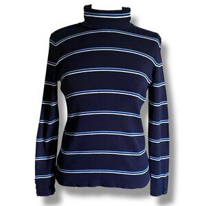 Talbots Womens Turtleneck Sz MP Medium Petite Navy Blue Stripe Ribbed Top Preppy